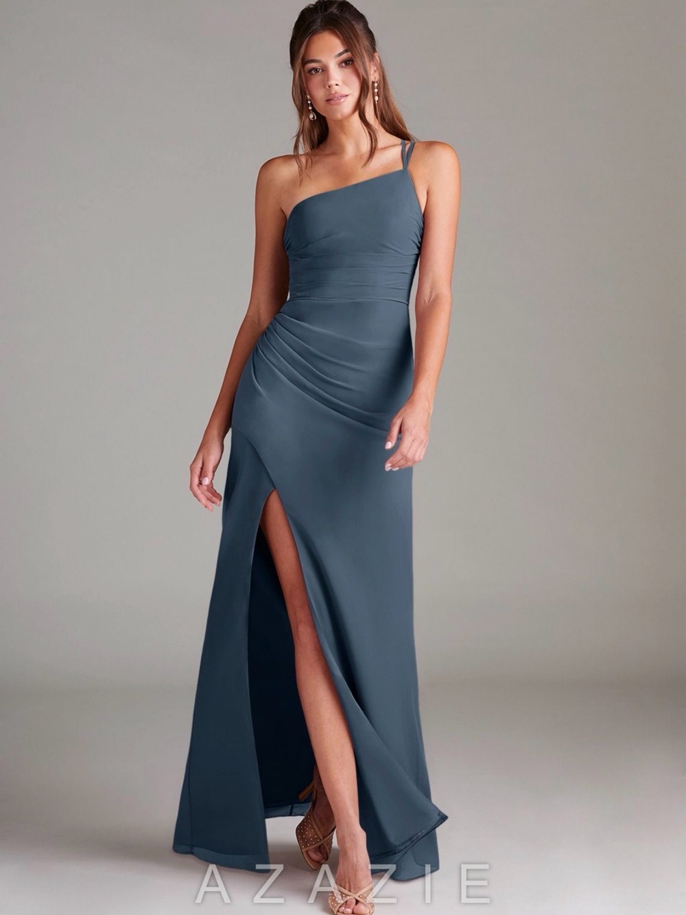 Azazie One-Shoulder Slate Blue Evening Gown